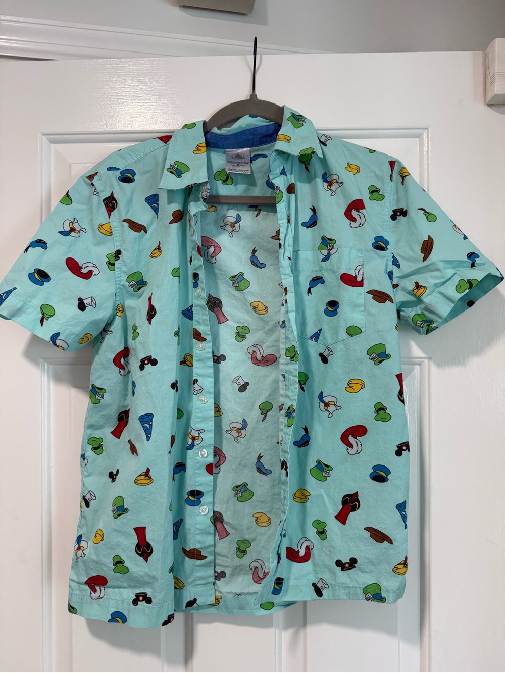 Disney Mint Green Short-Sleeve Button-Down Shirt with Multicolor Hat Motif